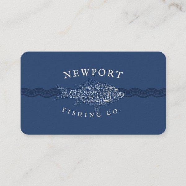 Vintage Etched Style Fish, Waves Ocean Theme Navy