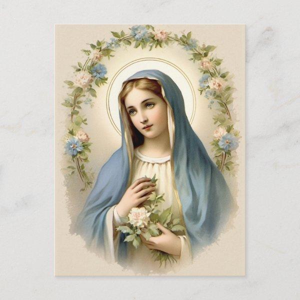 Vintage Floral Blessed Mother Mary Catholic Postcard