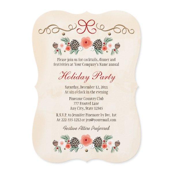 Vintage Floral Pinecone Business Holiday Party Invitation