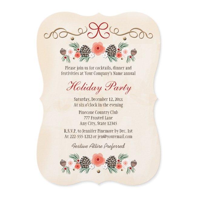 Vintage Floral Pinecone Business Holiday Party Invitation