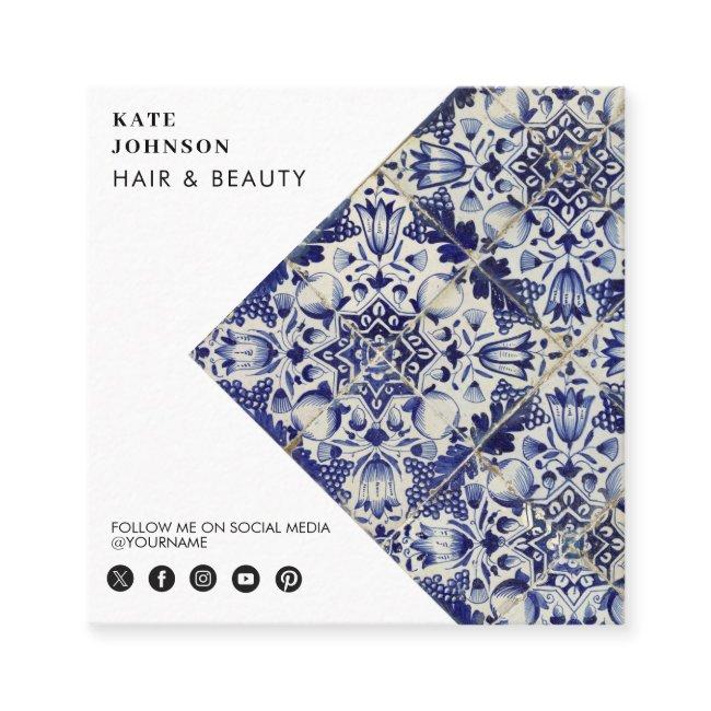 Vintage Geometric Blue White QR Code Social Media Square