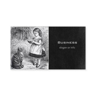 Vintage Girl Feeding Cat a Saucer of Milk