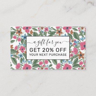 Vintage Green Pink Blue Watercolor Floral Pattern Discount Card
