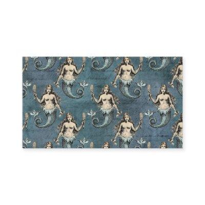 Vintage Mermaid Sea Creatures Ocean Blue Color