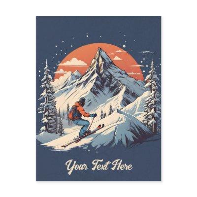 Vintage Mountain Pine Skiing orange Sunset  Postcard