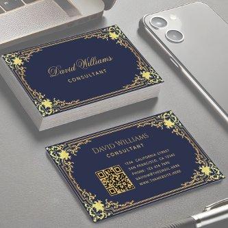 Vintage Navy Blue Faux Gold QR Code Elegant Script