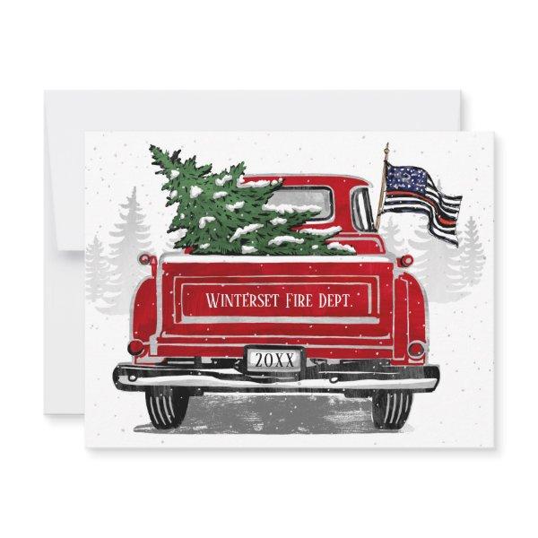 Vintage Red Truck Firefighter Thin Red Line Flag Holiday Card