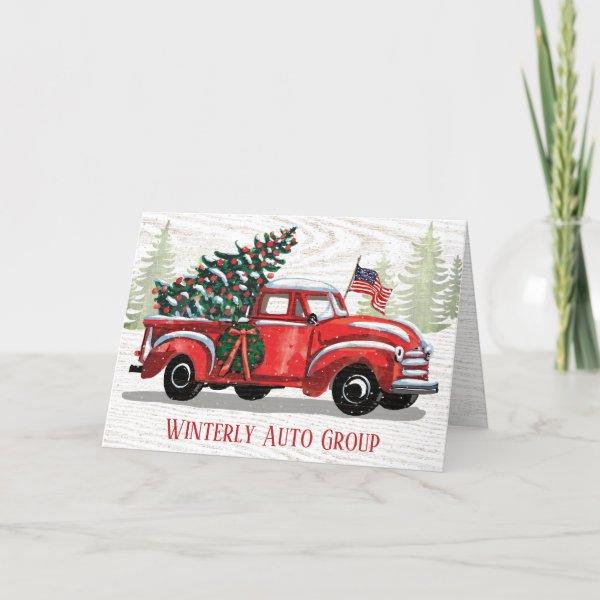 Vintage Red Truck Patriotic Flag Rustic Business Holiday Card