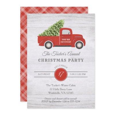 Vintage Red Truck & Tree Plaid Christmas Party Inv Invitation