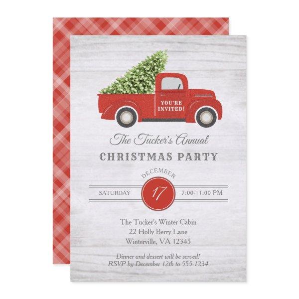 Vintage Red Truck & Tree Plaid Christmas Party Inv Invitation