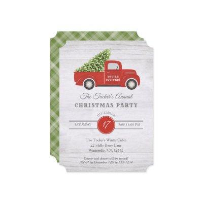 Vintage Red Truck & Tree Plaid Christmas Party Invitation