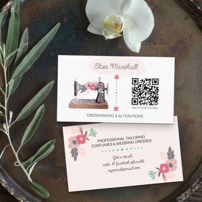 Vintage Sewing Machine and QR Code Boho Floral