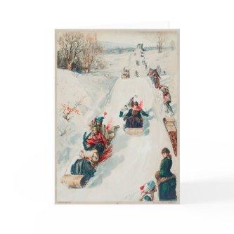 Vintage Sledding Scene Christmas Card