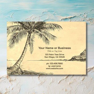 Vintage Style Sketch Palm Trees Tropical Beach