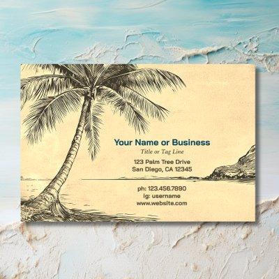 Vintage Style Sketch Palm Trees Tropical Beach