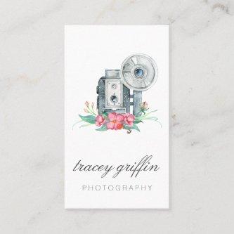Vintage Watercolor Camera and Flowers
