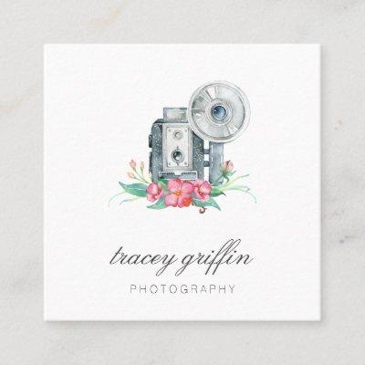 Vintage Watercolor Camera and Flowers Square