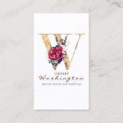 W Monogram Burgundy Red Flowers and Gold Glitter