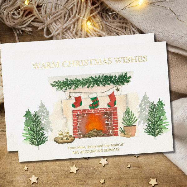 Warm Christmas Wishes Cozy Fireplace Gold Foil Holiday Card