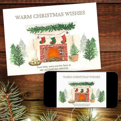Warm Christmas Wishes Forest and Cozy Fireplace Holiday Card