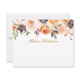 Watercolor Autumn Floral Personalized Gold Note Card