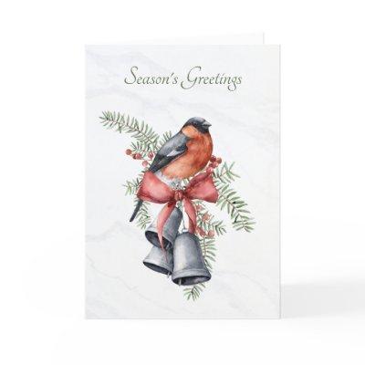 Watercolor Bird with Bells and Pine Branches Holiday Card