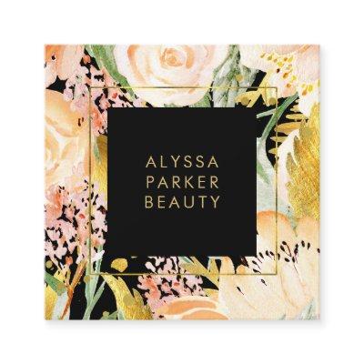 Watercolor Blooms | Gold and Peach Floral on Black Square