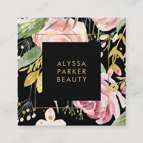 Watercolor Blooms | Pink and Gold Floral on Black Square
