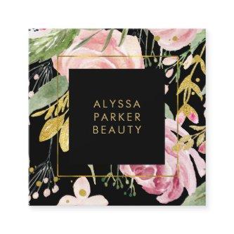 Watercolor Blooms | Pink and Gold Floral on Black Square