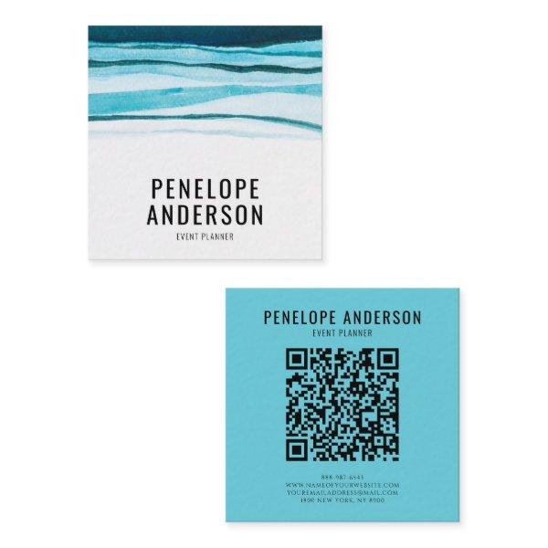 Watercolor Blue QR Code Abstract Wavy Lines Ocean Square