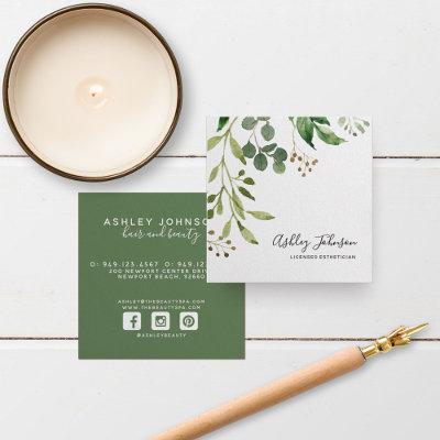 Watercolor Botanical Script Typography White Green Square