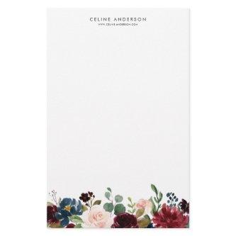 Watercolor Burgundy and Navy Blue Flowers Garland Stationery