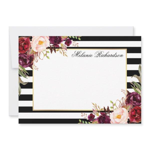 Watercolor Burgundy Floral Elegant Striped Note Card