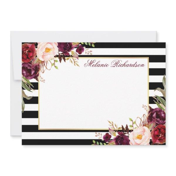 Watercolor Burgundy Floral Striped Elegant Note Card