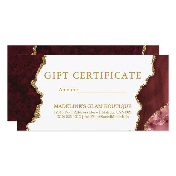 Watercolor Burgundy Marble Gold Gift Certificate