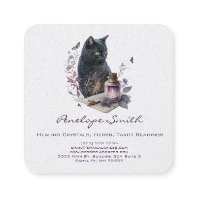 Watercolor Cat With Book of Spells and Candle Square