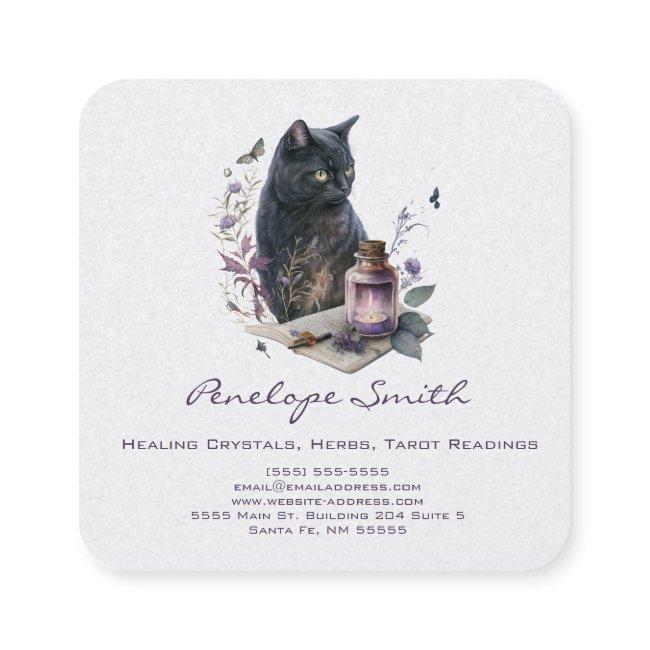 Watercolor Cat With Book of Spells and Candle Square
