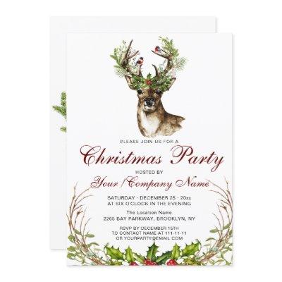 Watercolor Deer, Birds Holly Berry Christmas Party Invitation