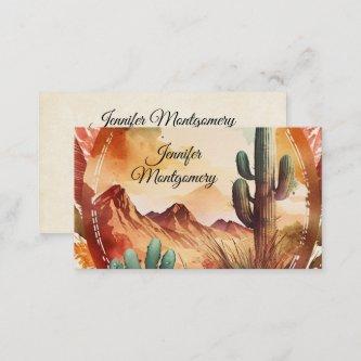 Watercolor Desert Cactus and Mountains