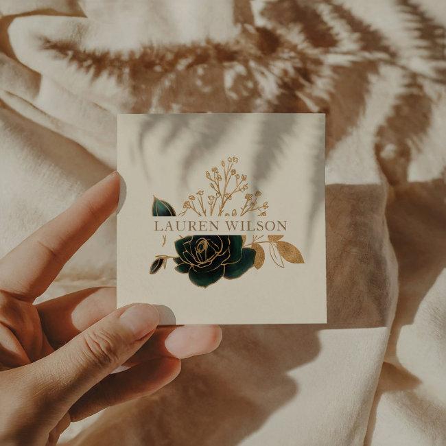 Watercolor Emerald Gold Elegant Floral Square