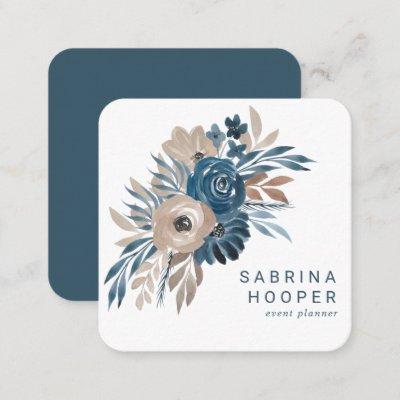 Watercolor Floral Indigo Beige Rounded Corners Square