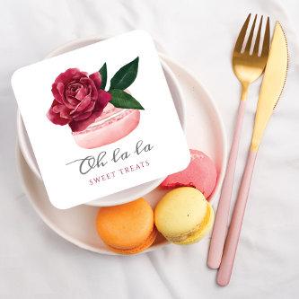 Watercolor Floral Red Rose Macaron Bakery & Sweets Square