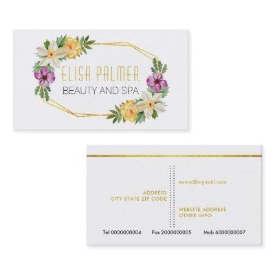 Watercolor flowers and gold polygon floral