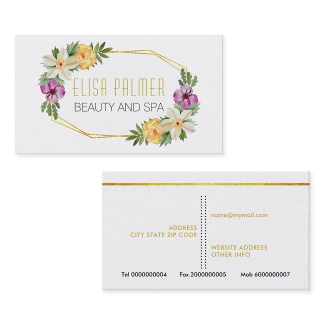 Watercolor flowers and gold polygon floral