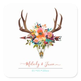 WATERCOLOR FLOWERS, RUSTIC BOHO SKULL+ARROW SQUARE STICKER