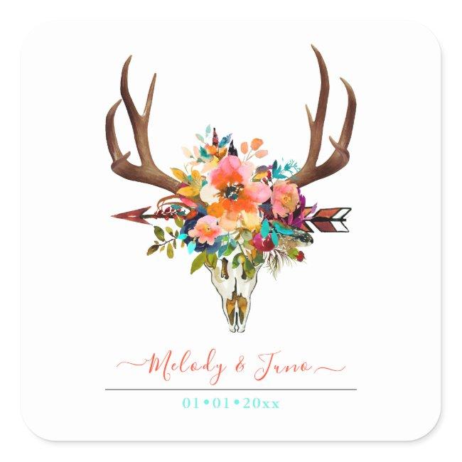 WATERCOLOR FLOWERS, RUSTIC BOHO SKULL+ARROW SQUARE STICKER