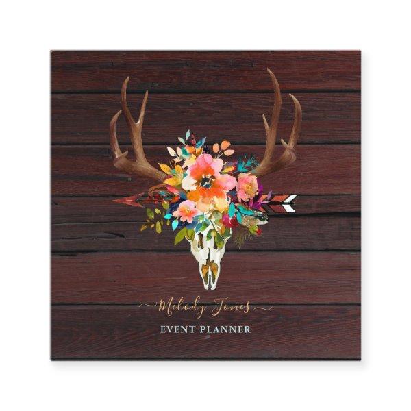 WATERCOLOR FLOWERS, RUSTIC BOHO SKULL+ARROW+WOOD SQUARE