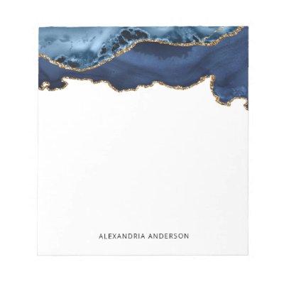 Watercolor Navy Blue Gold Geode Chic Marble Agate Notepad