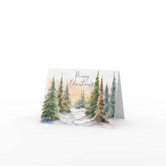 Watercolor Pine Trees Merry Christmas   Holiday Card
