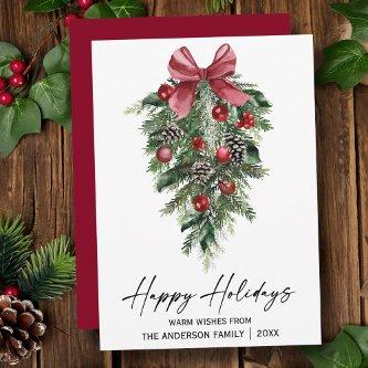 Watercolor Pines Calligraphy Ink Script Red Holiday Card